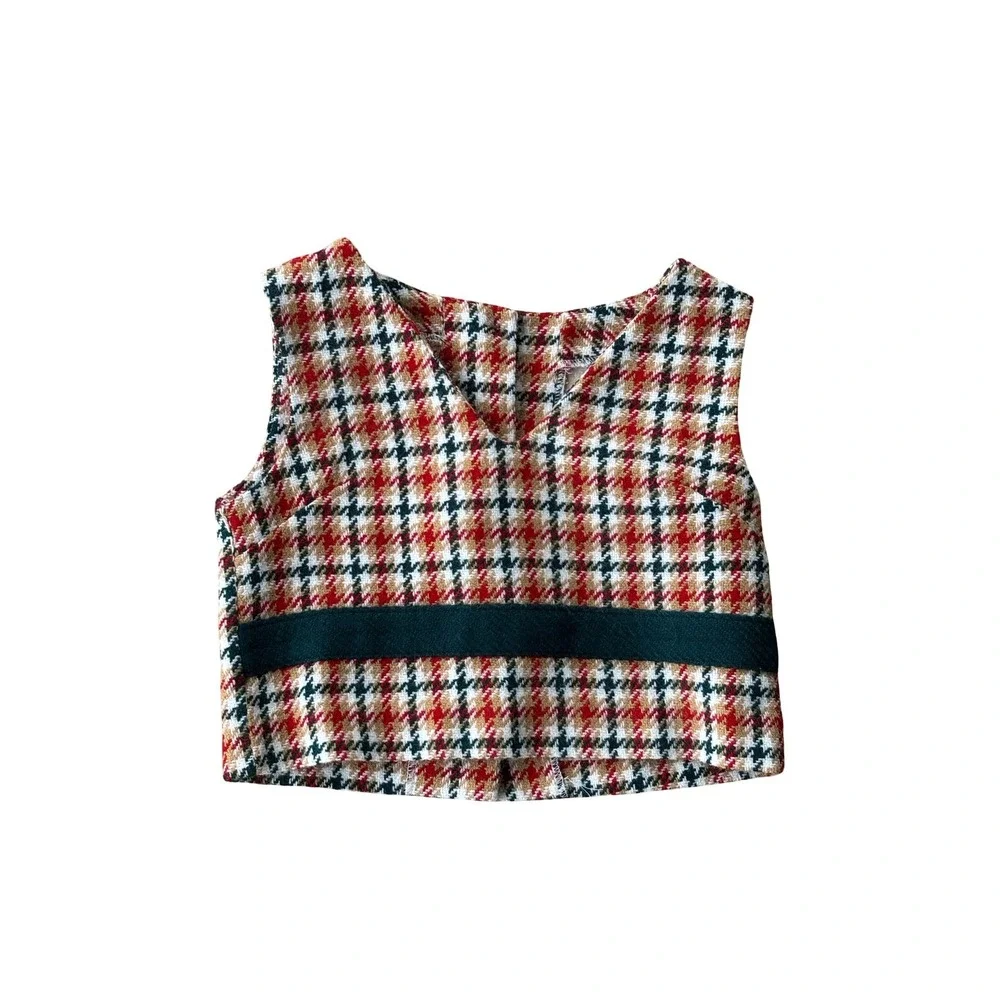 Vintage Kids Houndstooth Plaid Top‎ Red Tan Green Button Back Vest Sleeveless